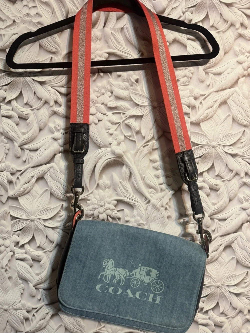 Coach Light Blue Denim Crossbody with Pink Webbed Strap